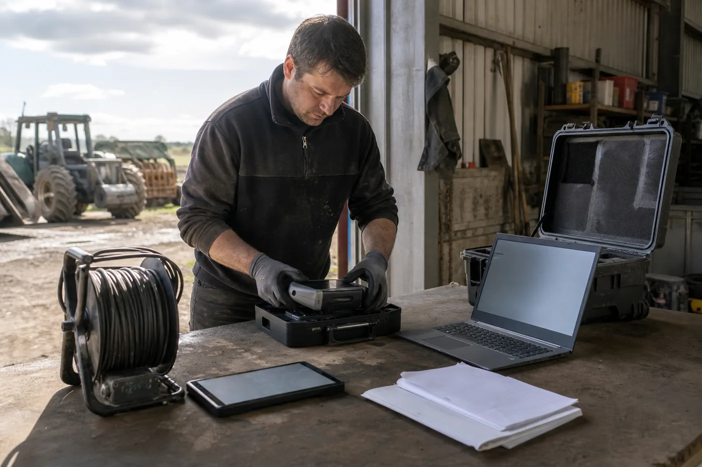 A worker stands by a table with equipment, a laptop, and a tractor in the background.