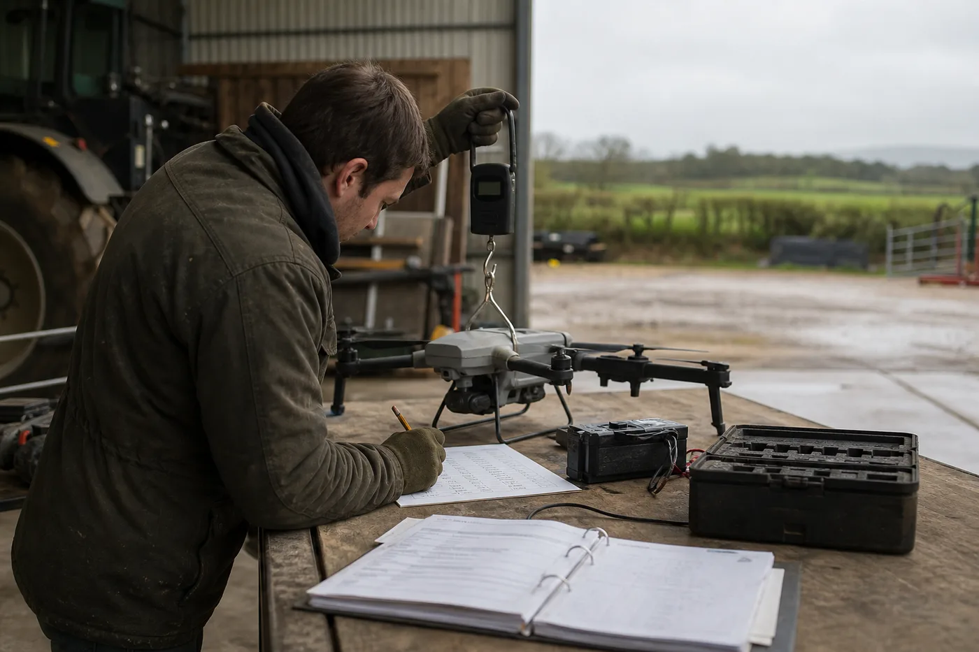 A person in a jacket weighs a drone hanging from a scale on a workbench while writing on a paper.