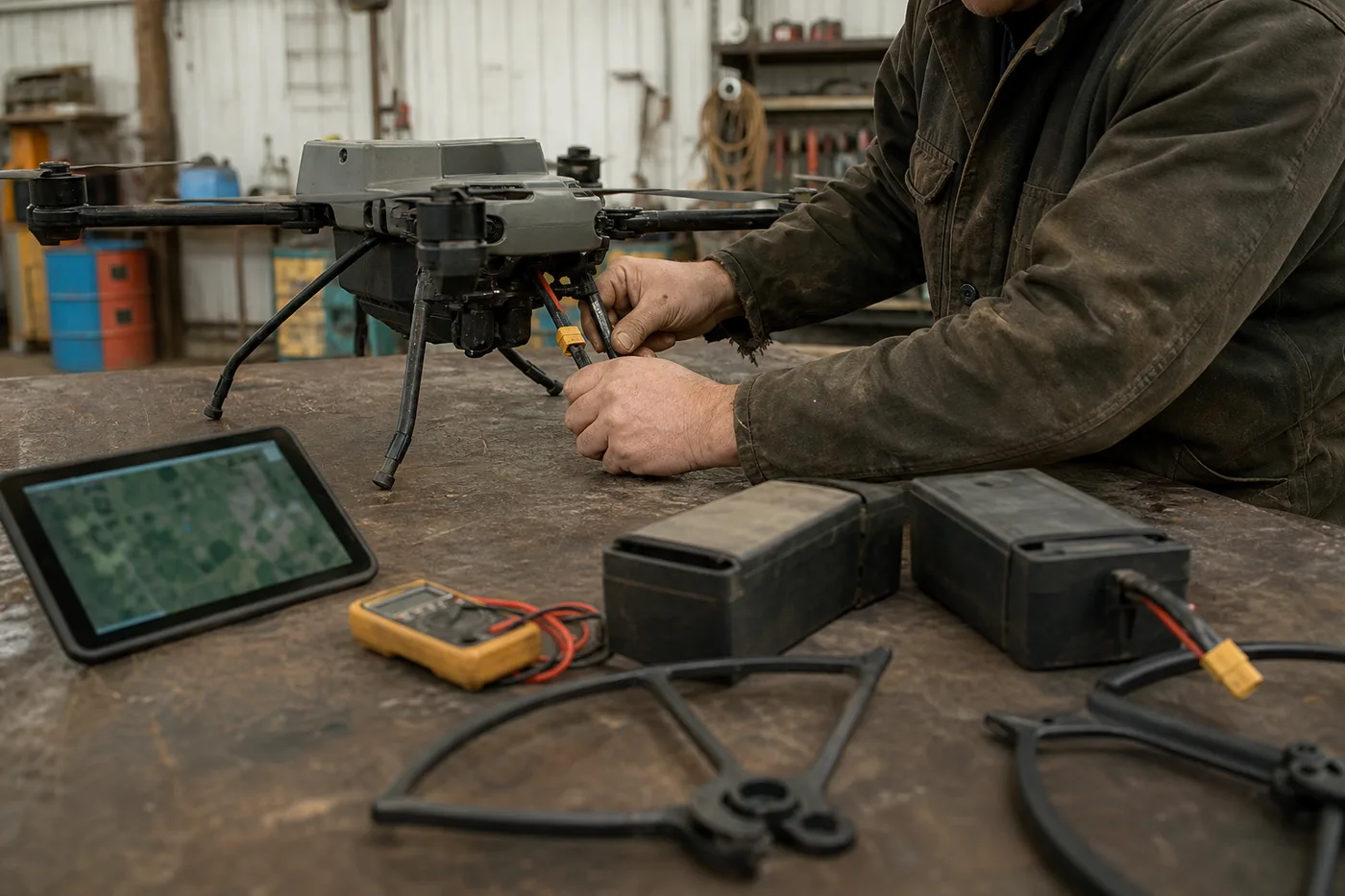 A person in a jacket works on a drone with cables, with a tablet and battery packs on the table.