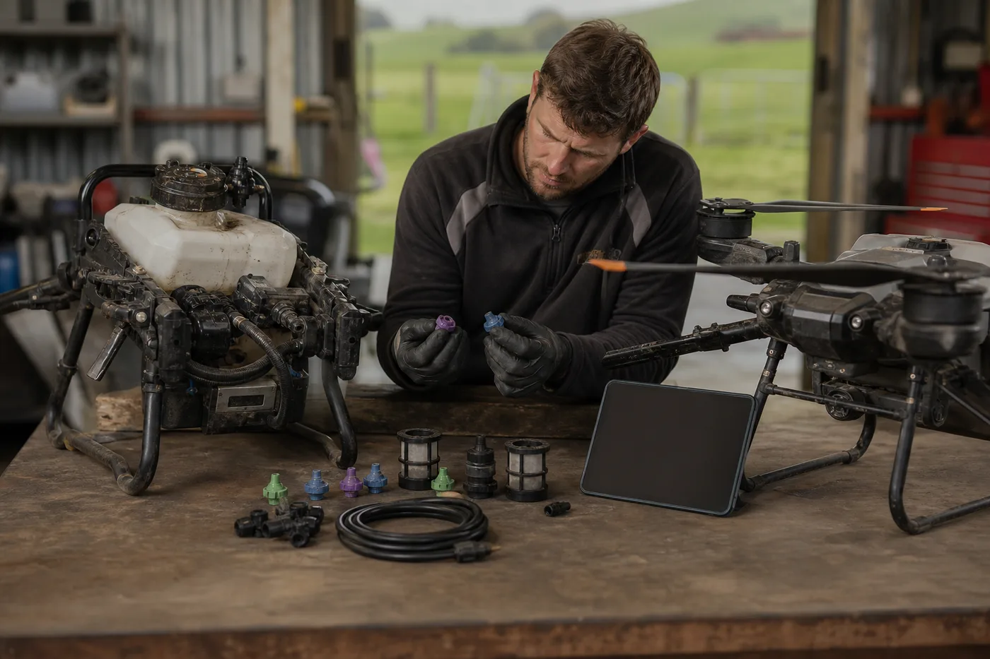 A person in a black jacket holds small colored parts over a table with drones and equipment.
