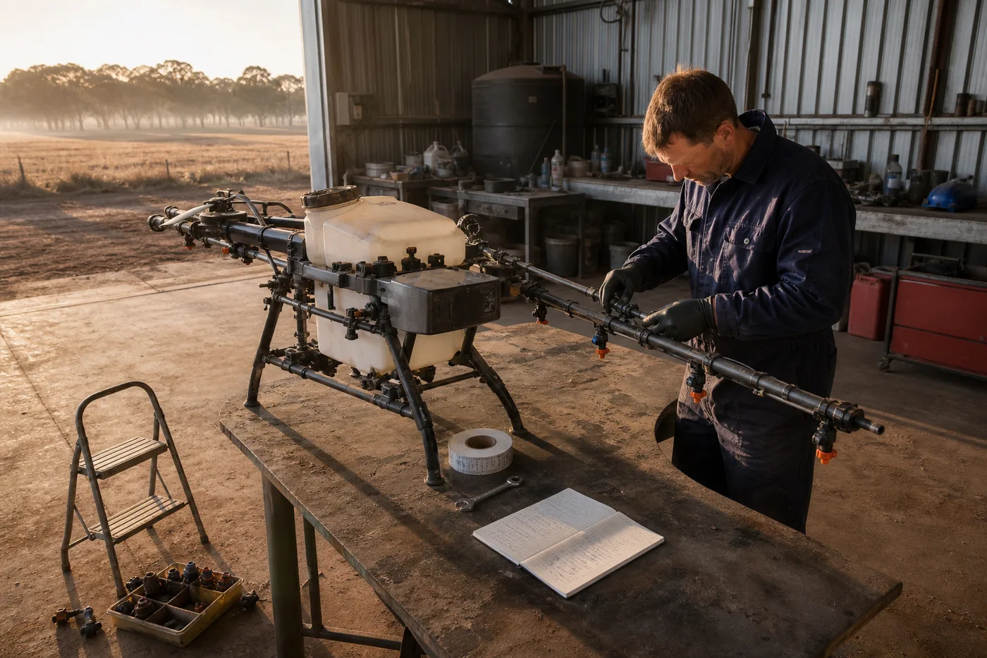 A person in dark blue overalls works on a large agricultural drone resting on a workshop table.