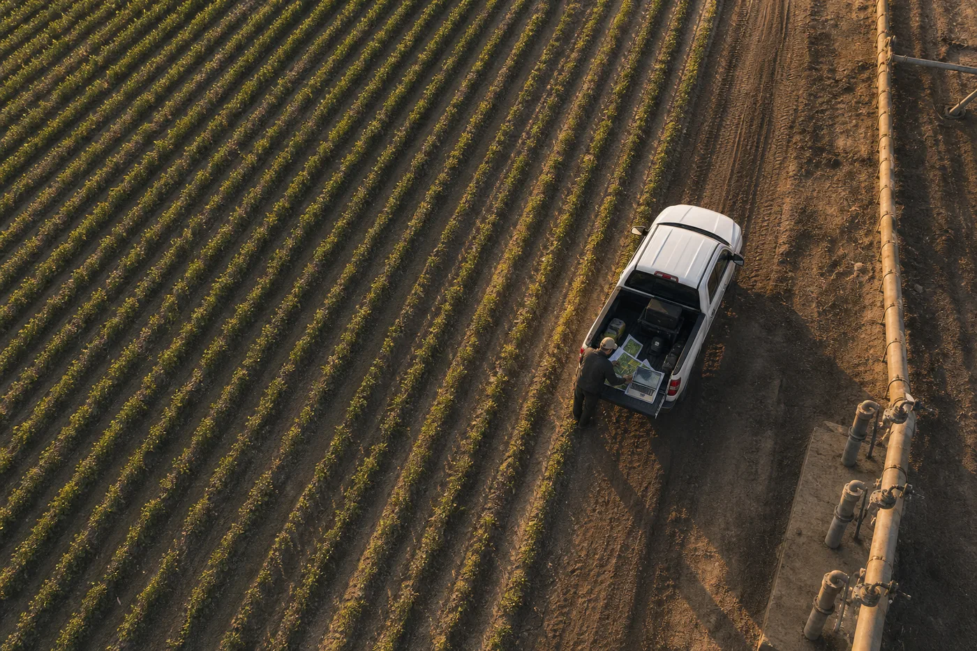 An overhead view shows a person standing by a white pickup truck beside rows of crops and a large pipeline.