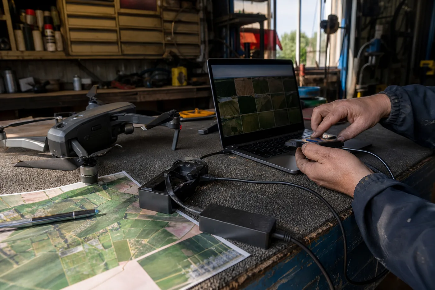 A person's hands work on a laptop with a drone and printed map on a workbench.