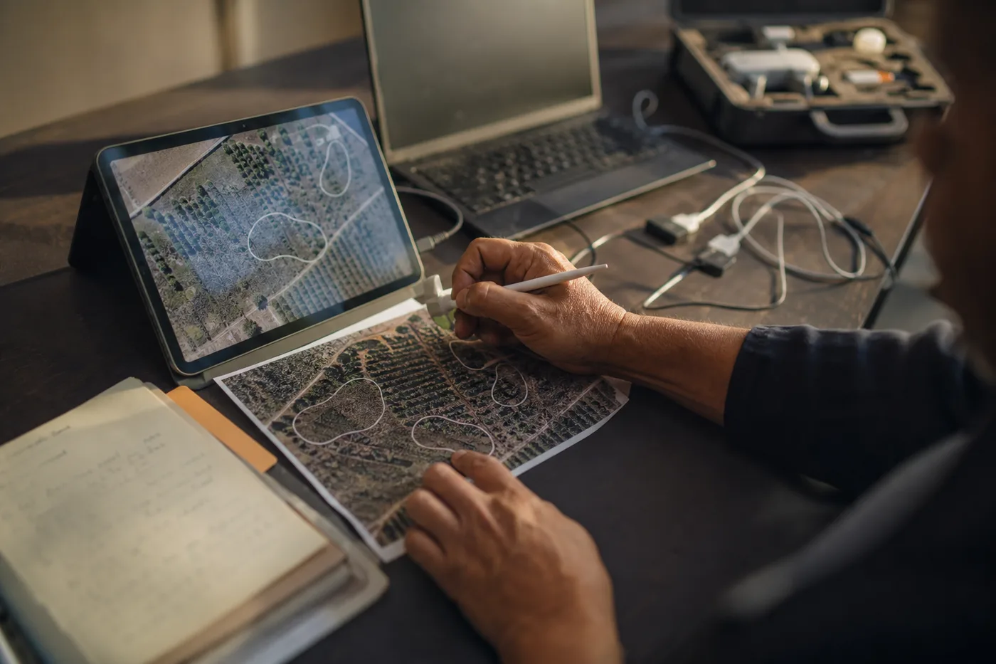 A person holds a stylus over a printed map with outlined areas next to a tablet.