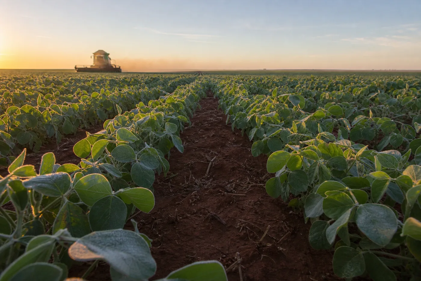 Rows of green plants stretch into the distance as a combine sits on the horizon beneath a golden sunrise.