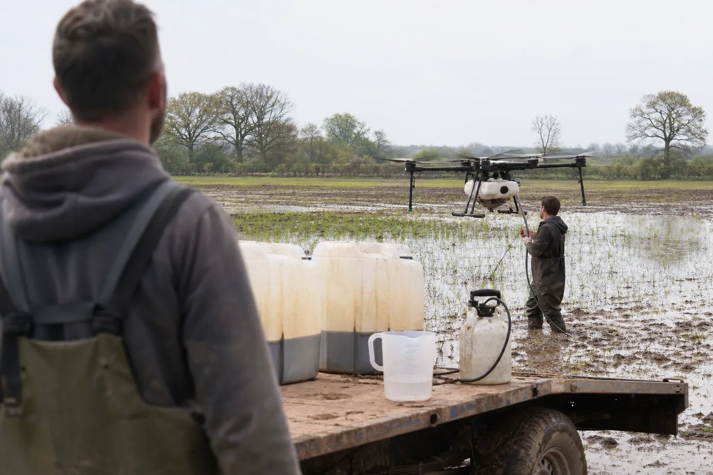 A person in the foreground watches as another person in a flooded field holds a hose connected to a hovering drone.