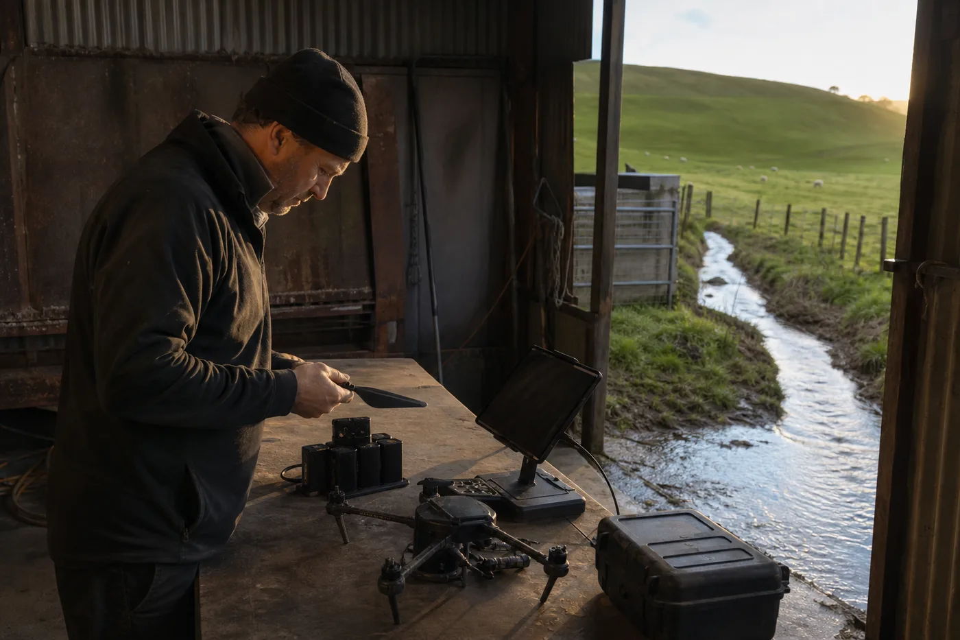 A person in a dark jacket stands at a table inside a shed, holding a small object above drone equipment and batteries.