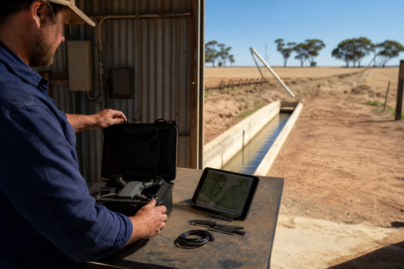 A person holds a drone case open beside a tablet displaying a map, with a dry rural landscape outside.