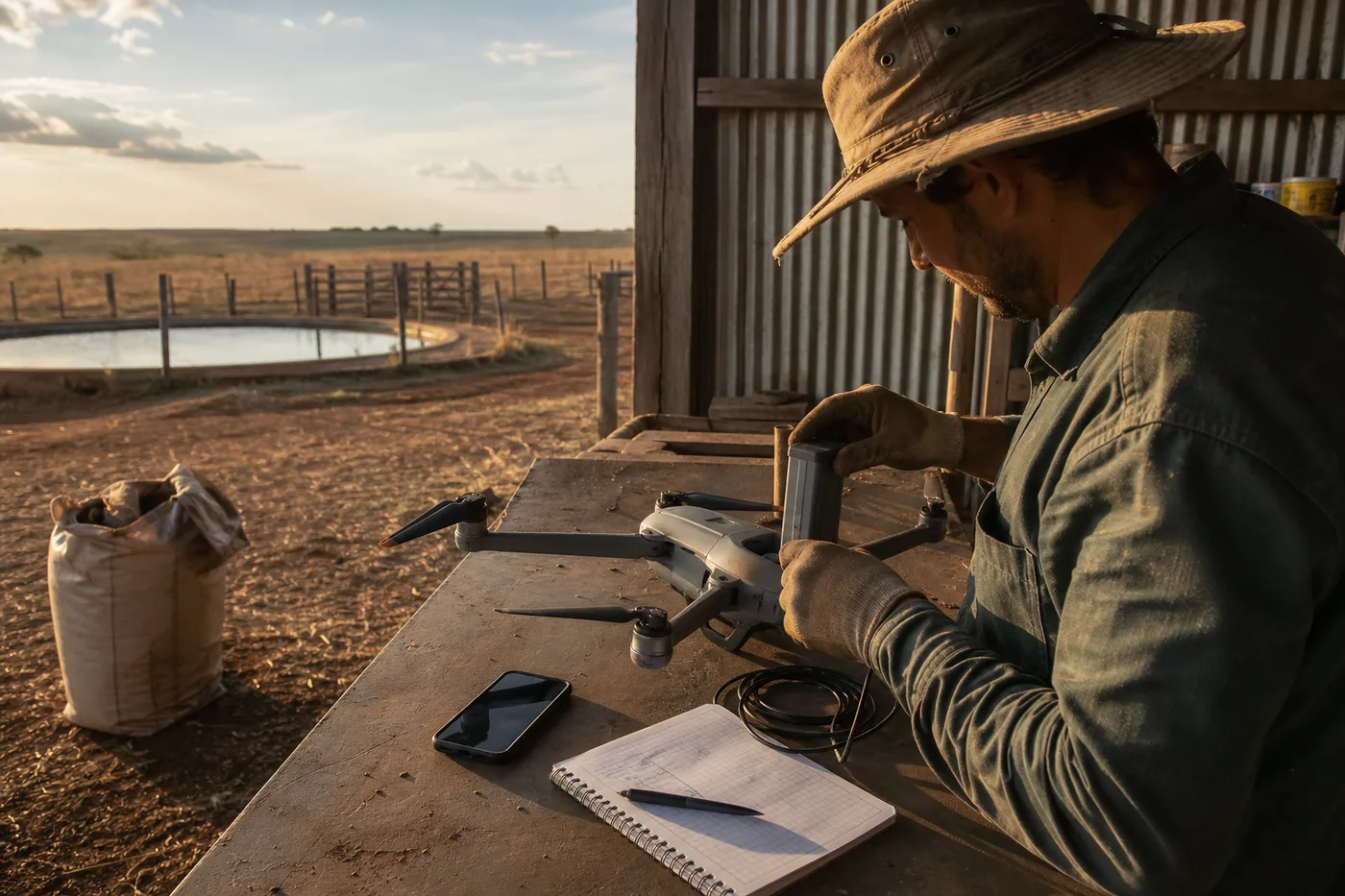 A person in a hat inserts a battery into a drone on a table inside a shed.