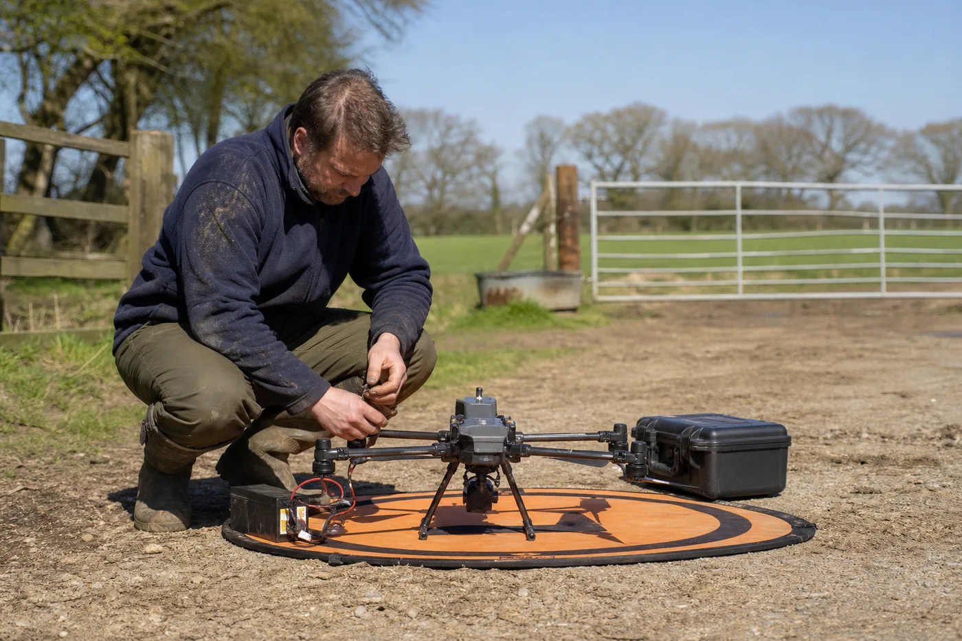A person in a blue fleece squats on a dirt path, touching a drone on an orange landing pad next to a black case.