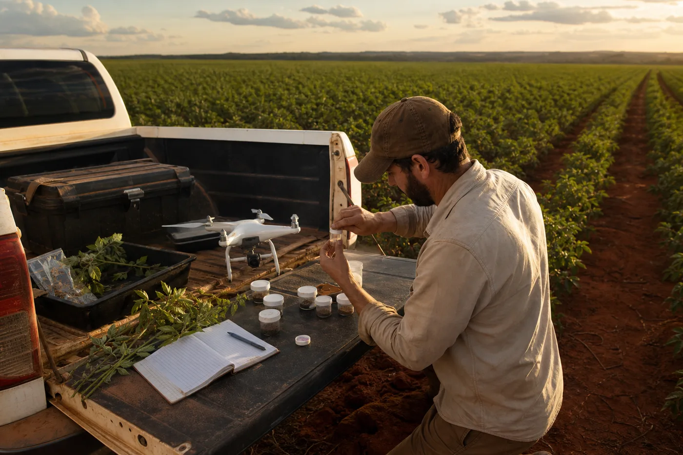 A person examines small jars on the lowered tailgate of a white truck parked near a crop field.