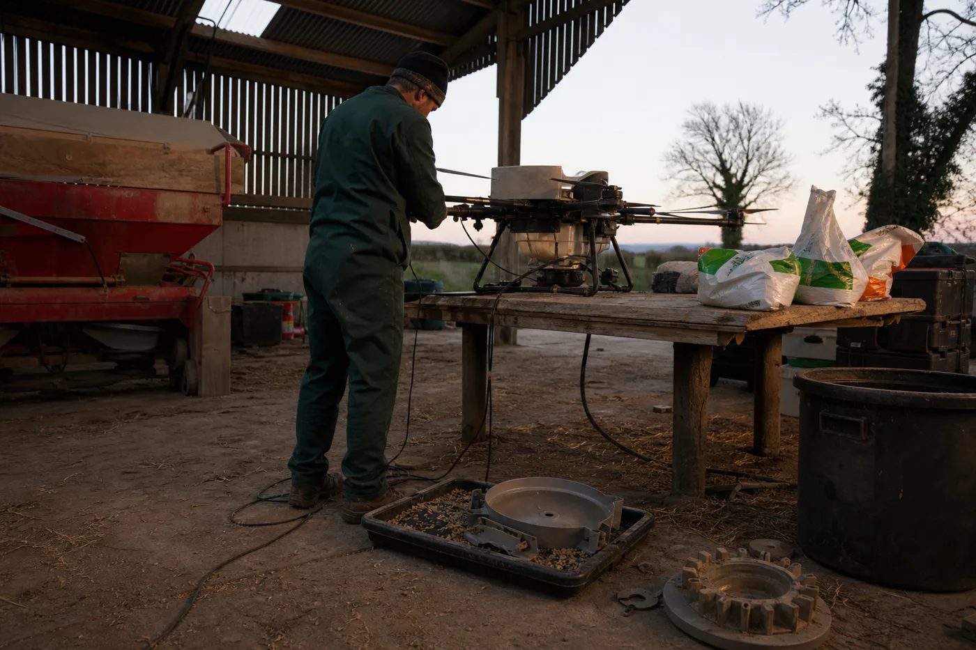 A person in a dark green jumpsuit works on a multi-rotor drone resting on a wooden table inside a barn.