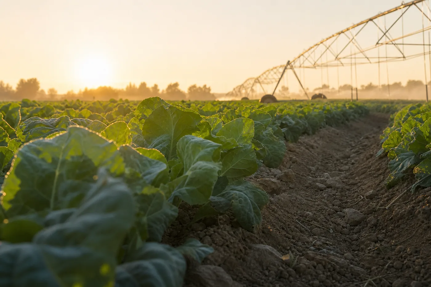 Rows of green leafy plants grow in tilled soil at sunrise, with a metal structure visible in the distance.