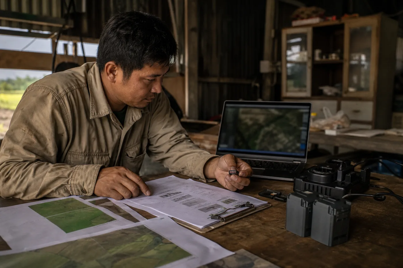 A person in a tan shirt sits at a wooden table looking down at maps, a laptop, and small electronic parts.