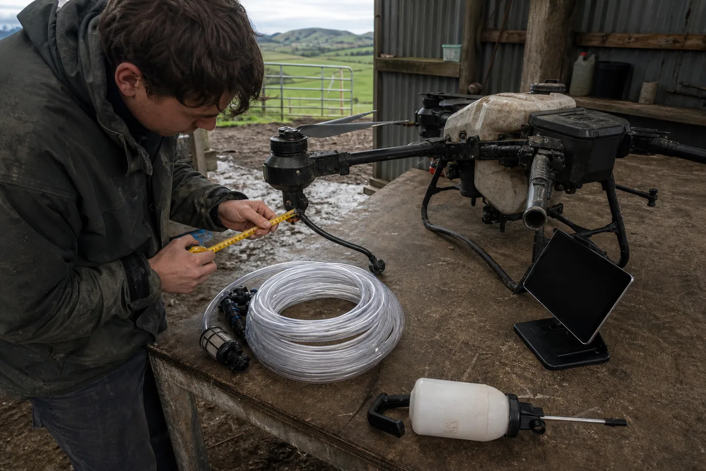A person in a dark jacket measures a tube next to a large drone on a workbench.