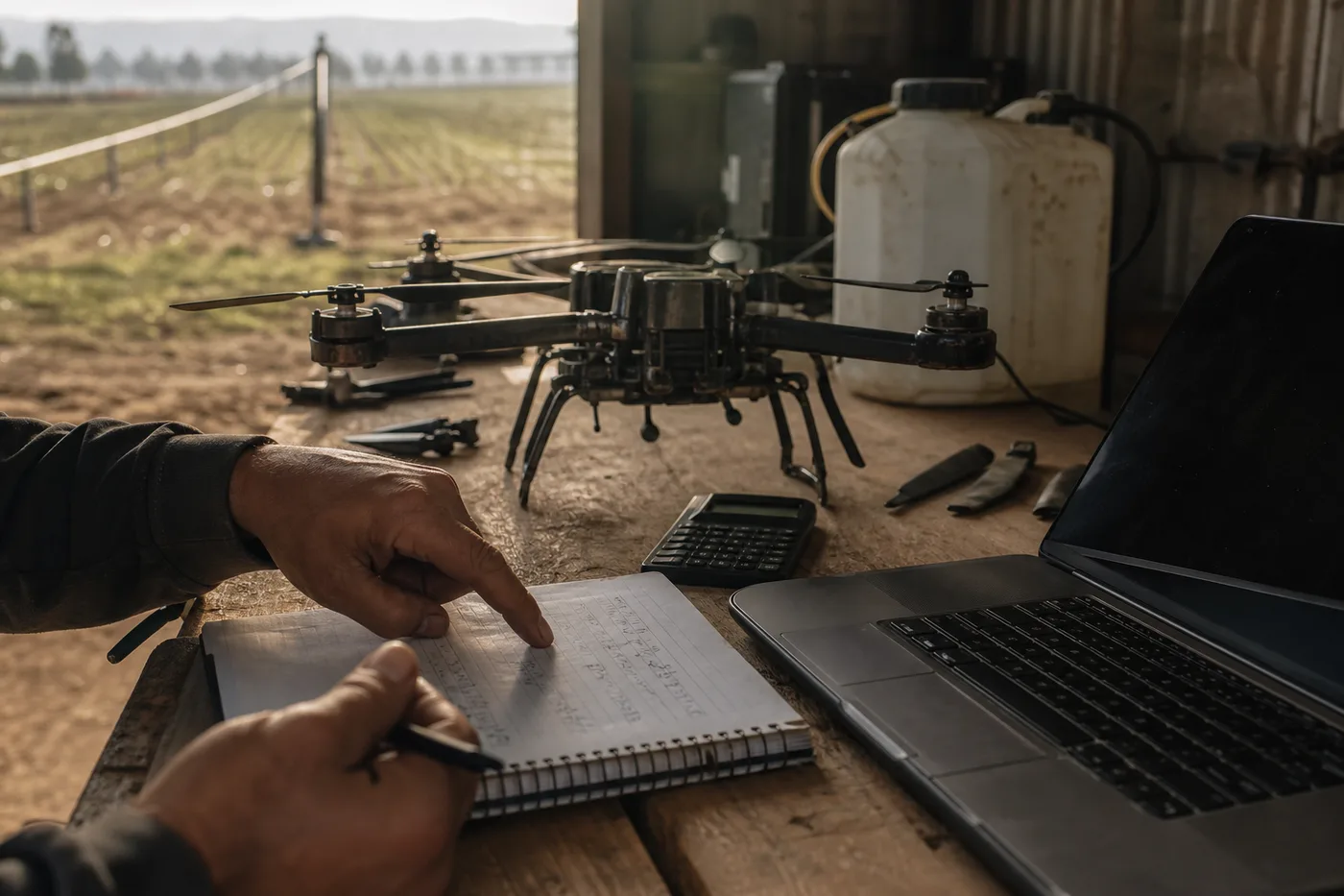 A person writes in a notebook on a wooden table beside a laptop, a drone, and a calculator.