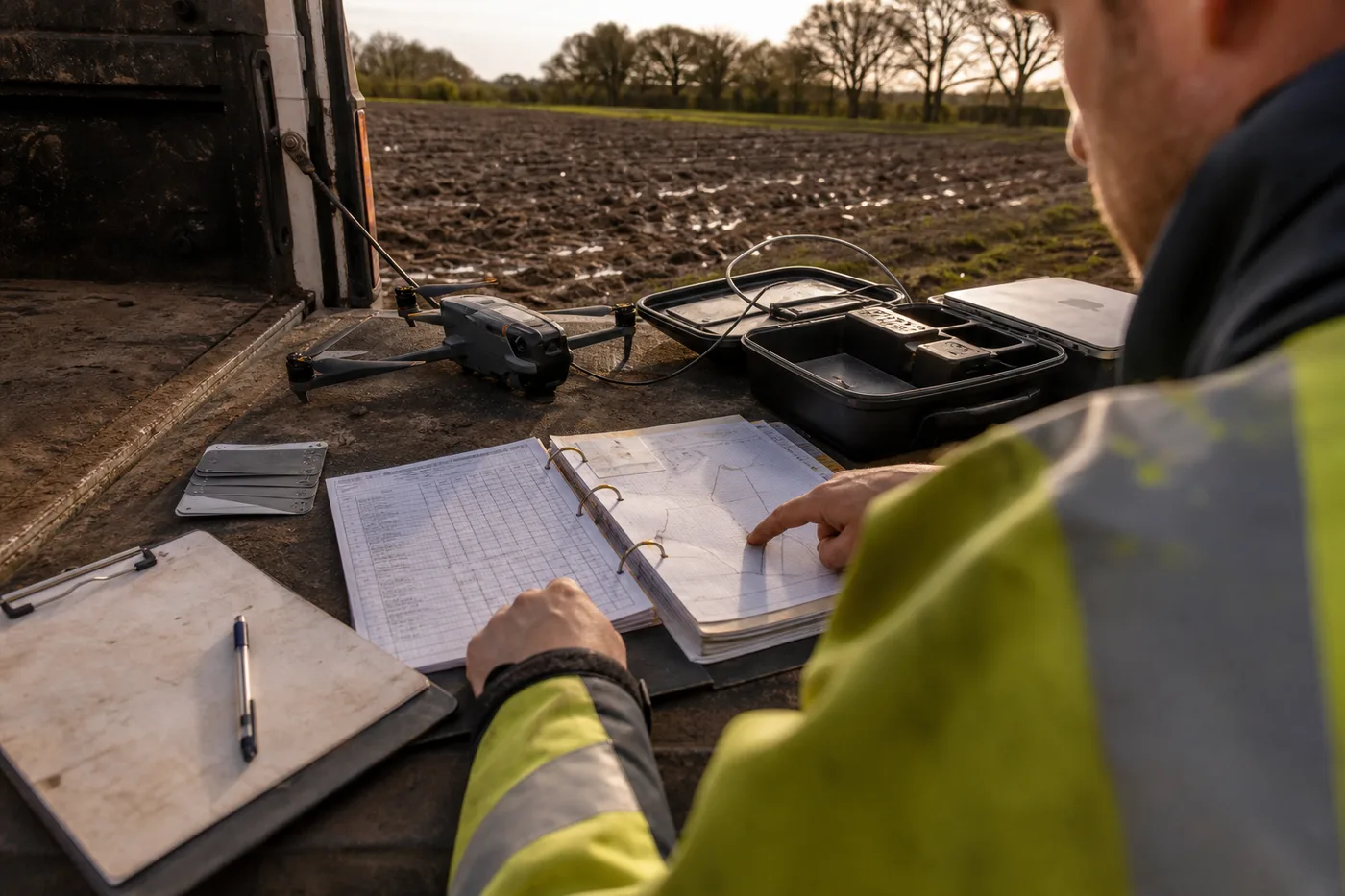 A person wearing a high-vis vest reviews a gridded ledger on the tailgate of a truck with a drone nearby.