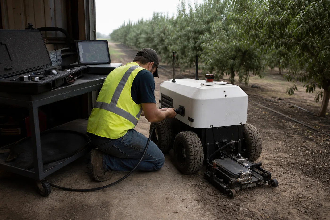A person kneels next to a wheeled robot, plugging a cable into its side near a row of trees.