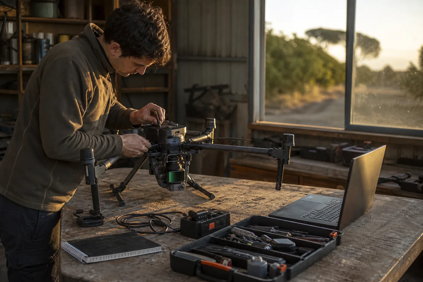 A person in a workshop works on a large drone resting on a wooden table with a laptop.
