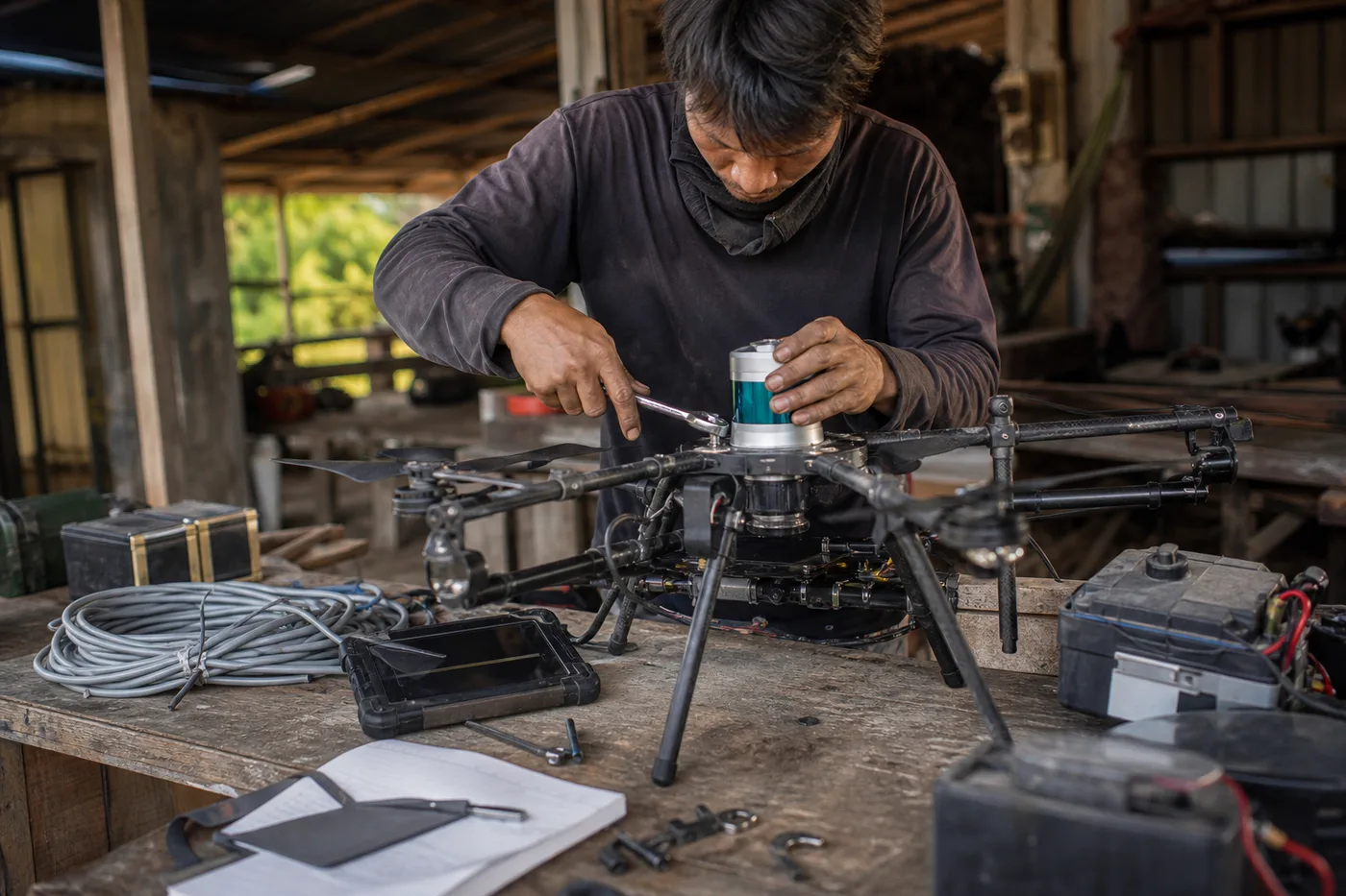 A person uses a wrench on a drone part at a wooden workbench.