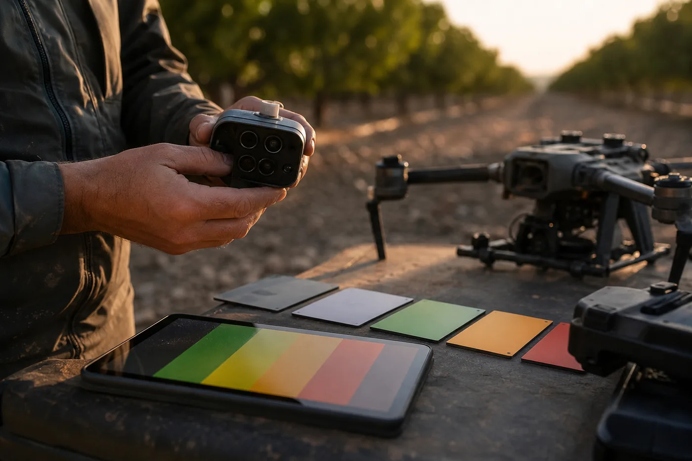 A person holds a small camera with four lenses near a drone, a tablet, and colored cards on a table.