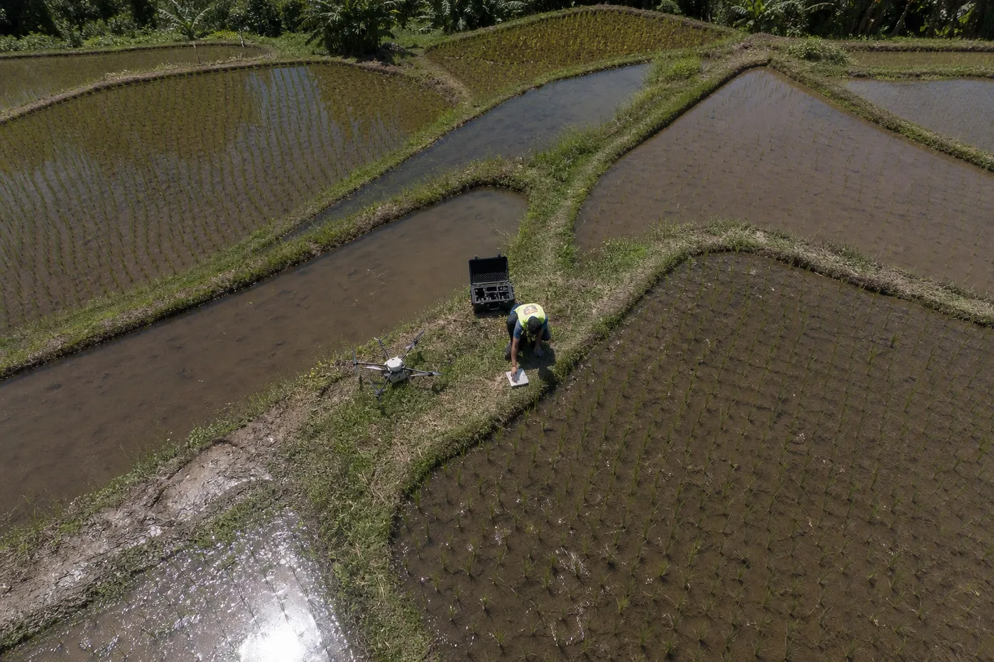 A person kneels by a drone and case on a muddy ridge between flooded rice paddies.