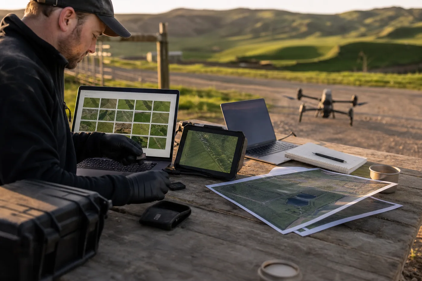 A person at a wooden table with laptops, maps, and a drone sitting nearby in a grassy landscape.