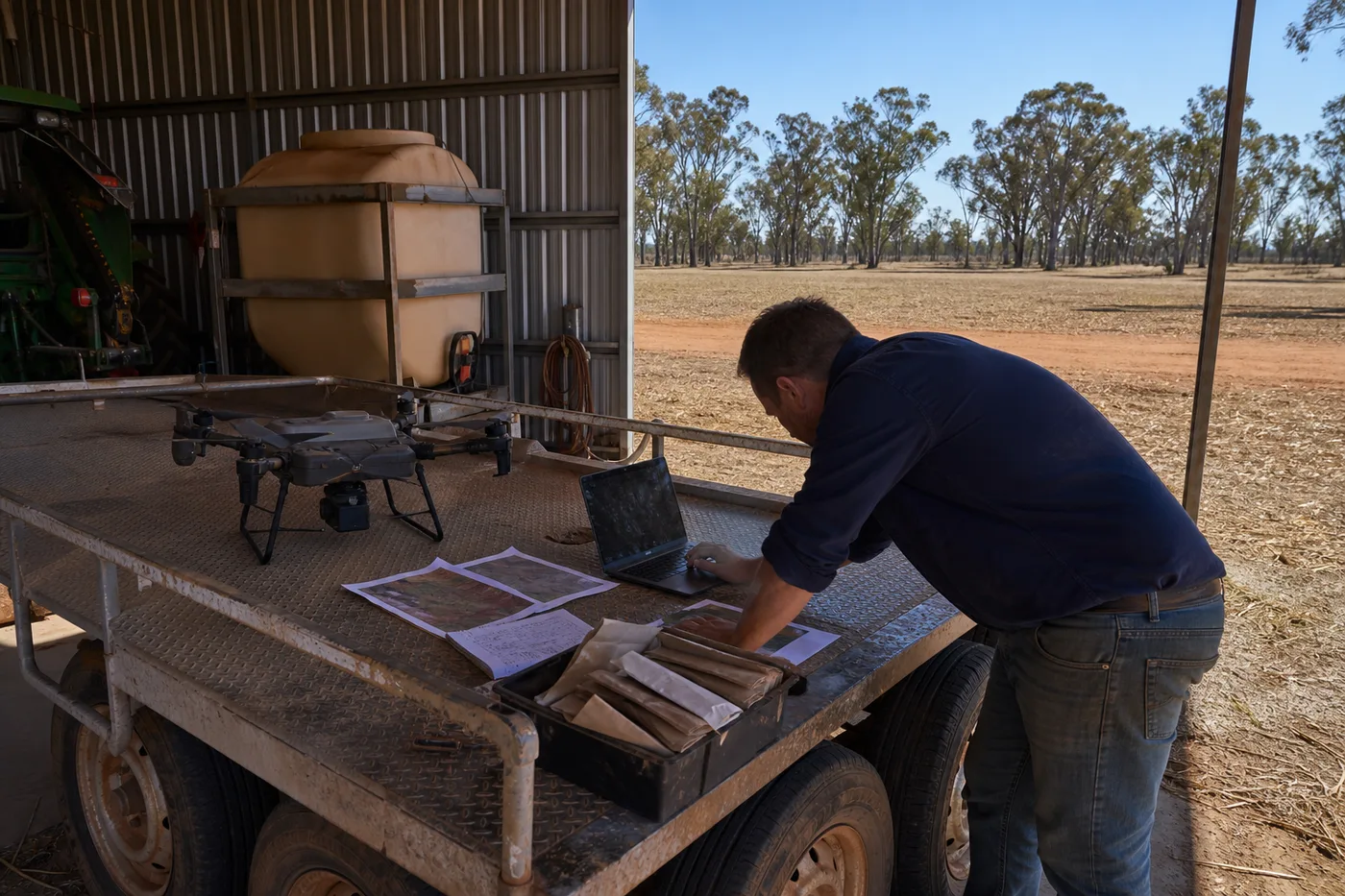A person stands beside a trailer, using a laptop next to a drone, maps, and paper bags, with a dry field and trees outside.