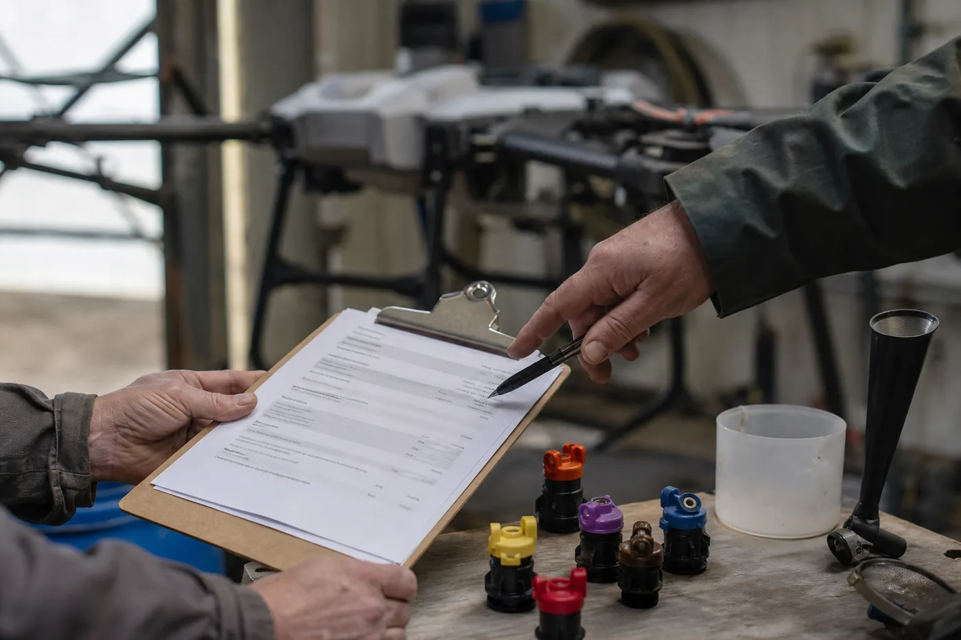 A person holds a clipboard while another person points a pen at the paper.
