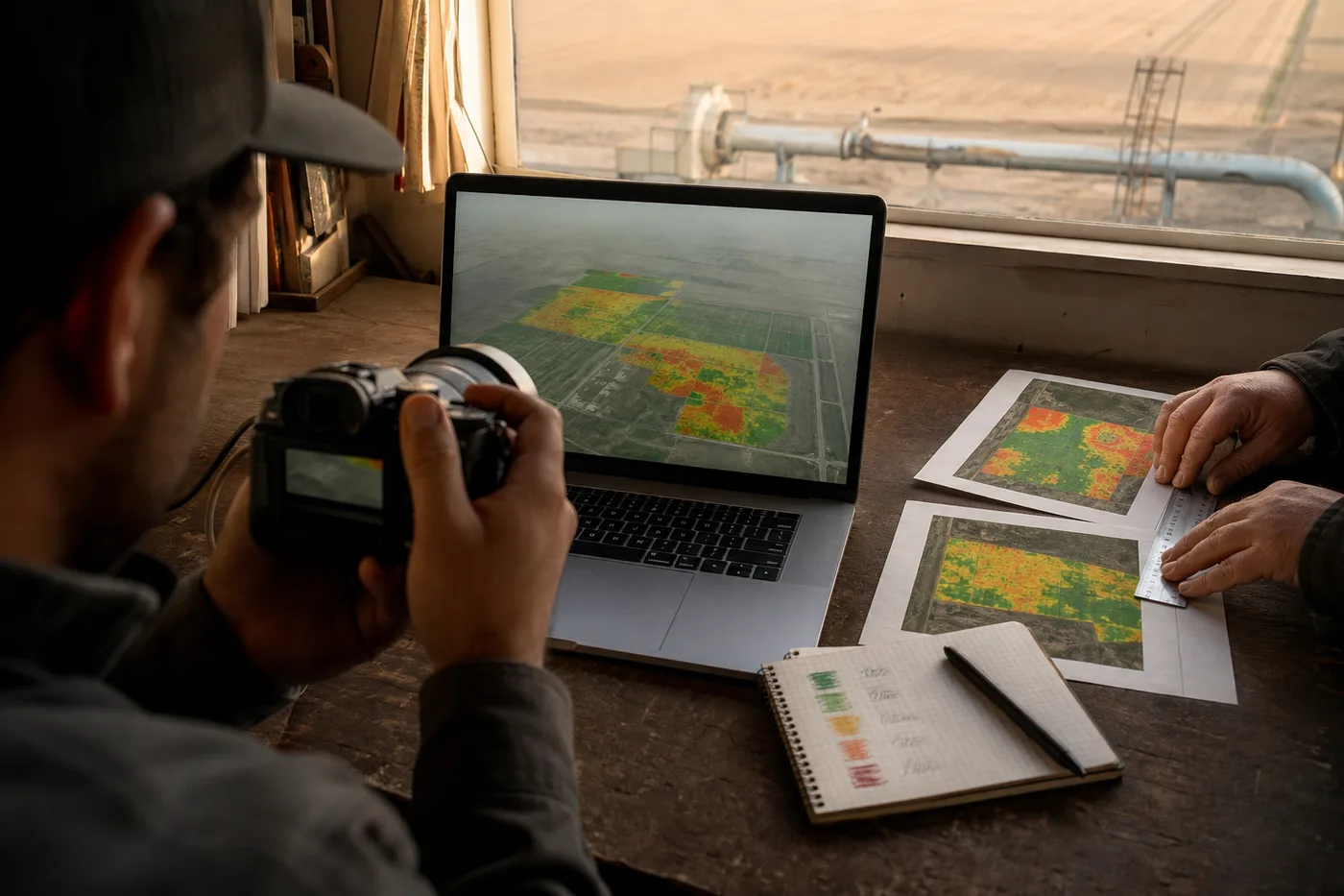 A person holds a camera while another examines printed maps near a laptop showing an aerial view of fields.