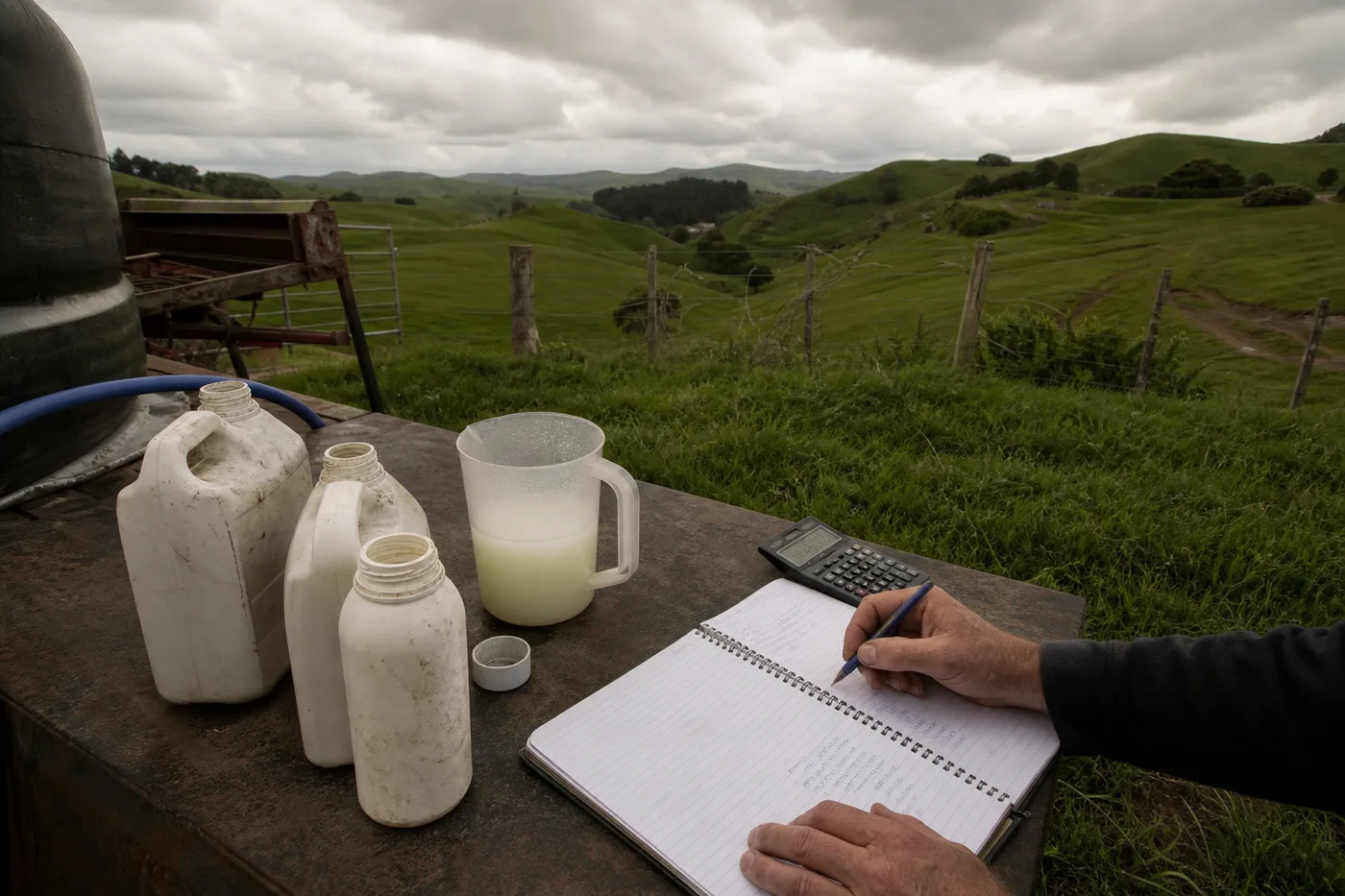 A person writes in a notebook on an outdoor table next to white plastic containers, a pitcher, and a calculator.
