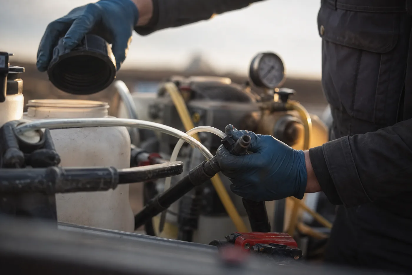 A gloved worker holds a cap over an open plastic tank attached to a machine with a pressure gauge.