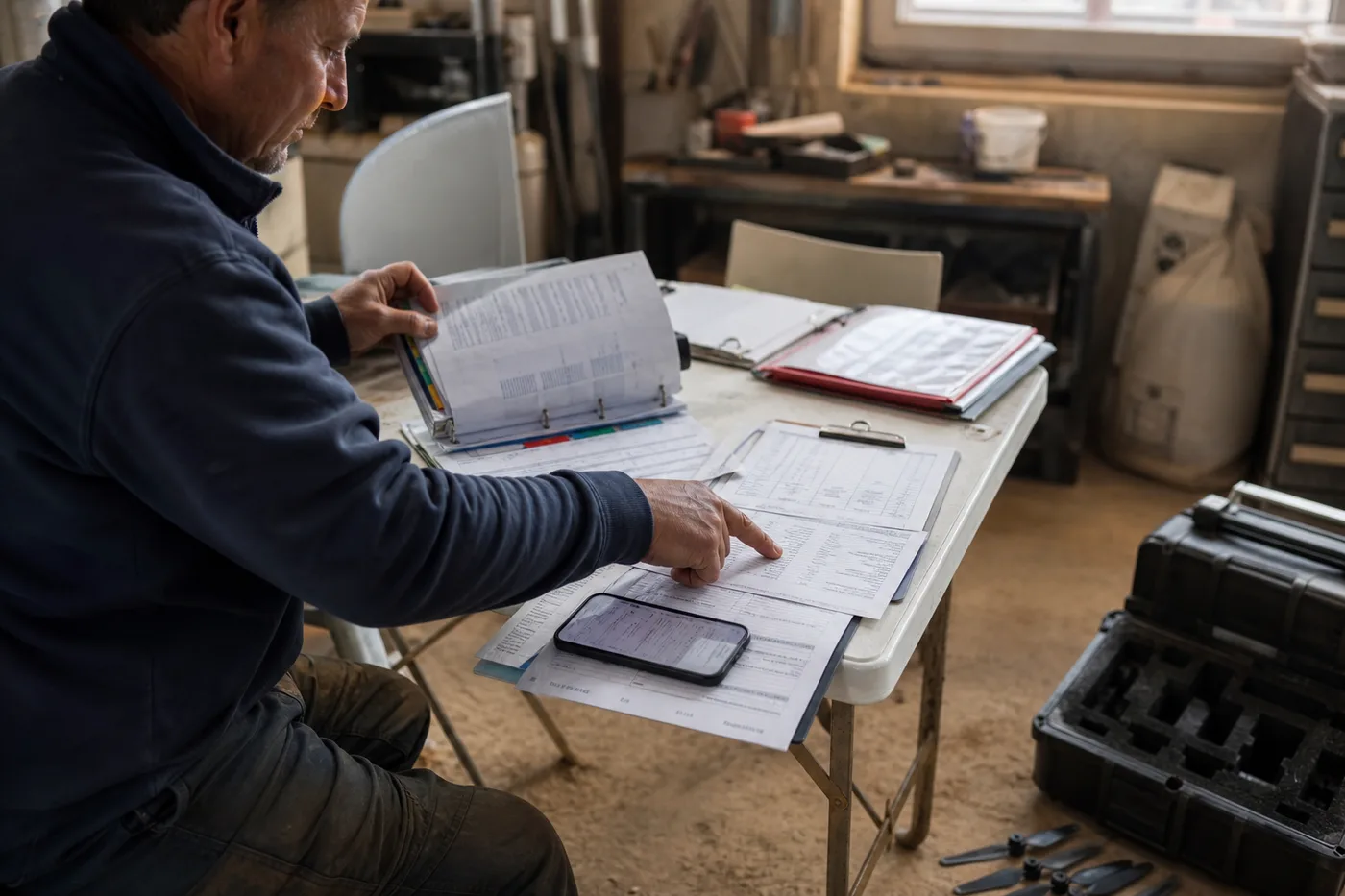 A person in a blue jacket sits at a table, pointing at a paper document with printed text.