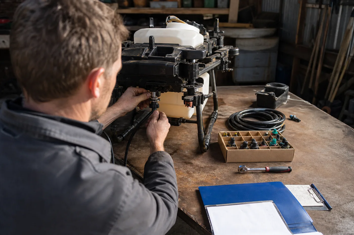 A person works on a drone placed on a workbench with tools and parts nearby.